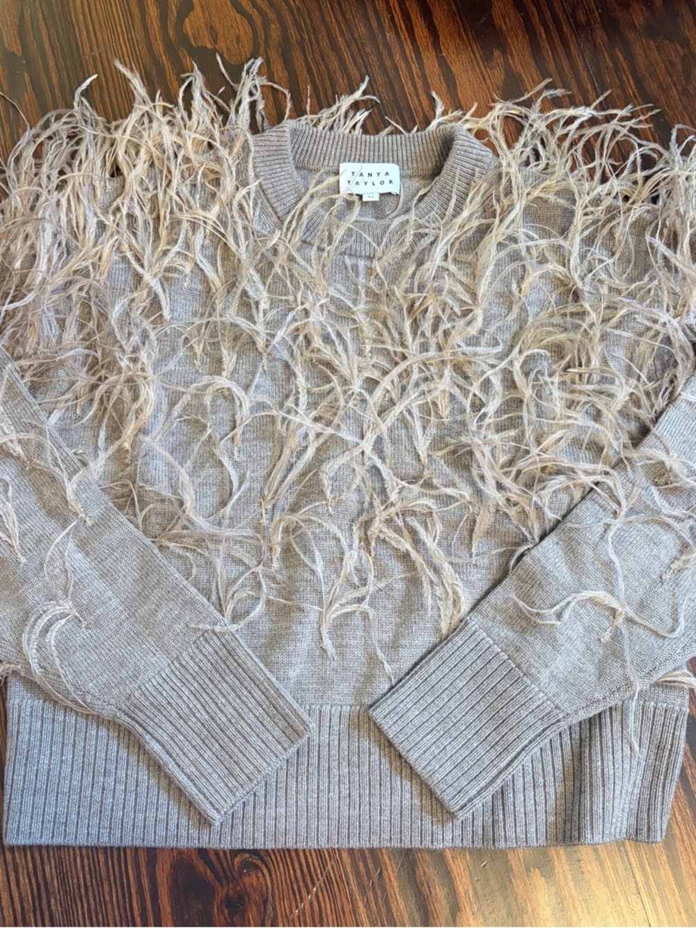 Tanya Taylor Feather-Trim Sweater in Taupe